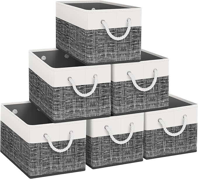 Fab totes Storage Bins 6-Pack, Foldable Storage Baskets for Organizing Toys, Books, Shelves, Closet, Large Storage Box with Rope Handles, Sturdy Organizer Bins, White & Black