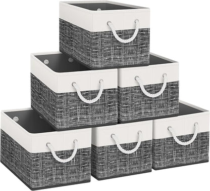 Fab totes Storage Bins 6-Pack, Foldable Storage Baskets for Organizing Toys, Books, Shelves, Closet, Large Storage Box with Rope Handles, Sturdy Organizer Bins, White & Black