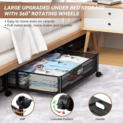 Under Bed Storage Containers with Wheels - Shoe Storage Organizer Drawer, Tool-free Assembly Metal Underbed Storage for Bedroom Clothes, Shoes, Blankets - 4Pack