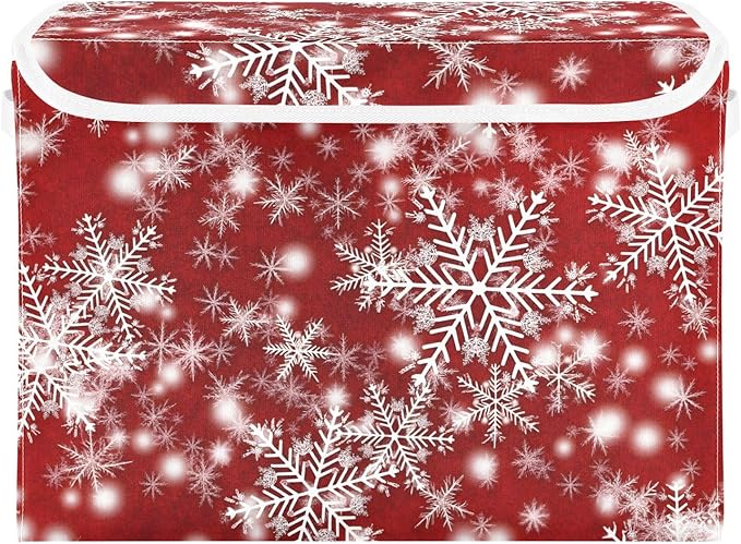 senya Christmas Baskets Collapsible Storage Bins with Lids, Christmas Background with Snowflakes Red Storage Boxes Clothes Baskets for Organizing