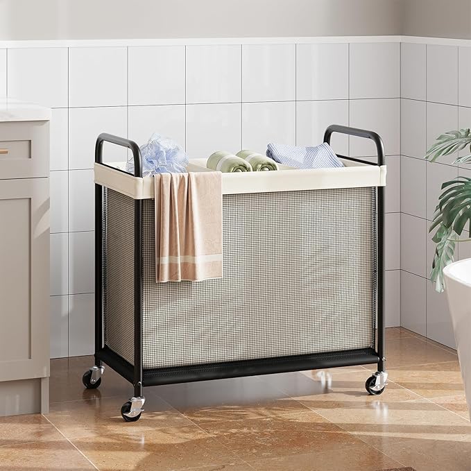 ELYKEN Laundry Hamper 3 Section, 120L Rolling Laundry Sorter with Removable Liner Bag, Laundry Basket with Wheels, Steel Frame with Metal Handle, Clothes Hamper Cart for Laundry Room & Bedroom