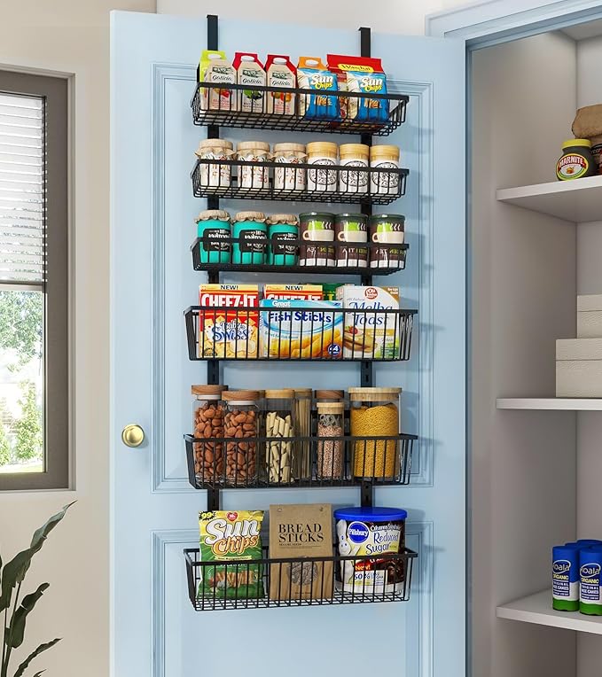 Mefirt Over The Door Pantry Organizer, Pantry Organization and Storage, 6-Tier Deep Baskets Hanging Heavy-Duty Metal, Wall Spice Rack Seasoning Shelves for Home & Kitchen, Laundry Room Bathroom, Black