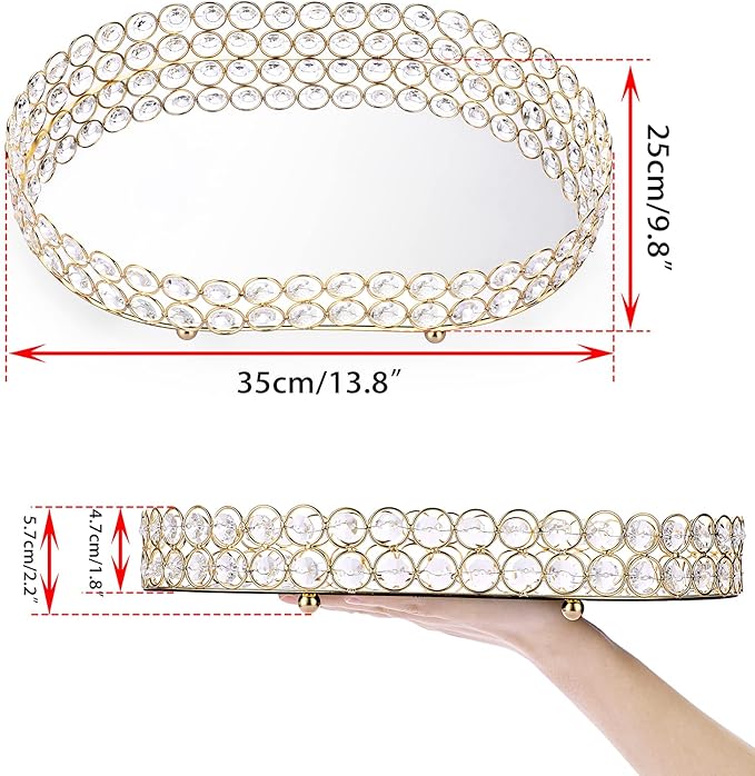 Hipiwe Crystal Vanity Tray Mirrored Dresser Perfume Trays for Makeup Tray Cosmetic Skin Care Storage, Jewelry Trinket Organizer Tray for Bathroom Countertop Home Decor (Large, Gold)