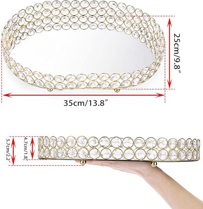 Hipiwe Crystal Vanity Tray Mirrored Dresser Perfume Trays for Makeup Tray Cosmetic Skin Care Storage, Jewelry Trinket Organizer Tray for Bathroom Countertop Home Decor (Large, Gold)