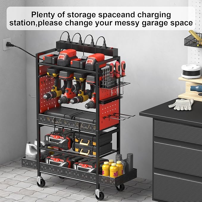 CCCEI Garage Power Tools Organizer Cart with Charging Station, Black Floor Standing Rolling Drill and Tools Battery Storage Cart on Wheels. Red Utility Rack Gift for Men, Husband, Father.