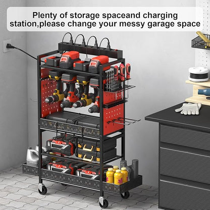 CCCEI Garage Power Tools Organizer Cart with Charging Station, Black Floor Standing Rolling Drill and Tools Battery Storage Cart on Wheels. Red Utility Rack Gift for Men, Husband, Father.