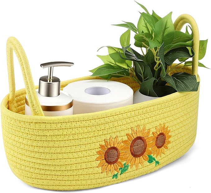 Vesici Sunflower Woven Storage Basket for Toilet Tank Top Boho Cotton Rope Bathroom Countertop Organizer Basket with Handle Yellow Bathroom Decor for Bedroom Nursery Toys Organizing, 13 x 6 x 4 Inch