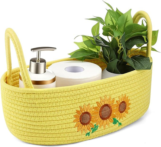 Vesici Sunflower Woven Storage Basket for Toilet Tank Top Boho Cotton Rope Bathroom Countertop Organizer Basket with Handle Yellow Bathroom Decor for Bedroom Nursery Toys Organizing, 13 x 6 x 4 Inch