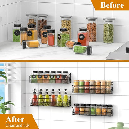 Wall Mounted Spice Rack Organizer, Pantry Door Organizer & Hanging Storage Baskets, Metal Spice Shelf for Kitchen Cabinet, 2 Depth Sizes Hold Large Jars to Nail Polish Bottles, 4 Pack