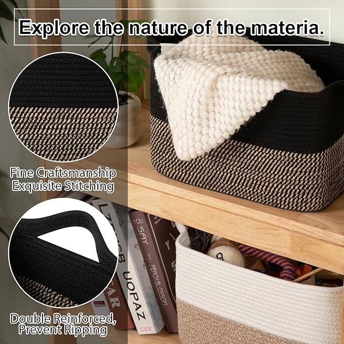 OIAHOMY Woven Storage Basket for Shelves, Rectangle Cotton Rope Baskets for Organizing, 16 x 12 x 10 in, Storage Bins for Dog Toys,Towel,Books,Gift,Black and Brown
