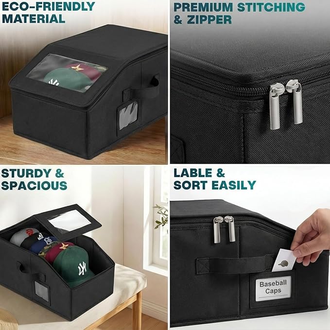 2-Pack Black Hat Organizer Boxes – Holds Up to 24 Caps Stackable Baseball Cap Storage, Breathable Fabric, Clear Window Lid, Foldable & Dustproof Hat Rack for Closet or Shelf