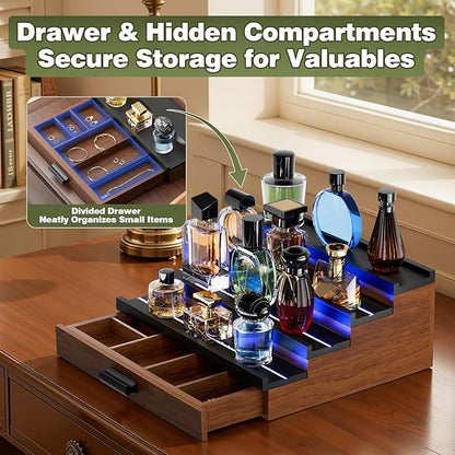 Perfume Cologne Organizer for Men: with LED Light 4 Tier Wooden Perfumes Stand, Desktop Parfum Holder Wood Display Shelf with Cabinet, Bedroom Makeup Lotion Jewelry Storage Rack with Drawer