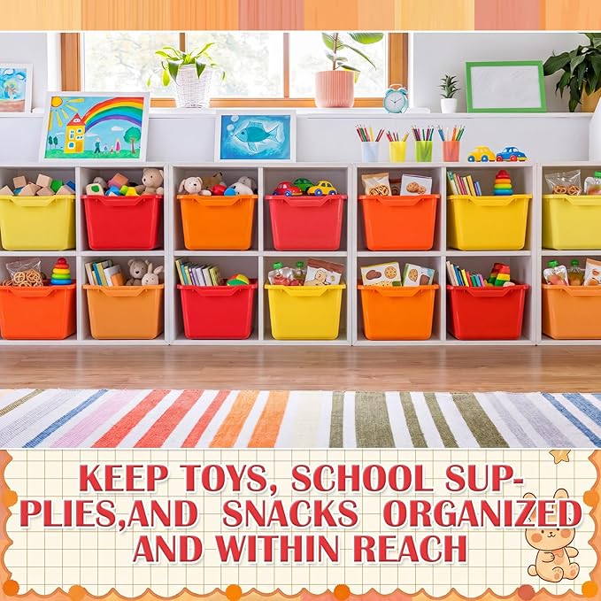 Dandat 16 Pcs Plastic Book Bins for Classroom Library Cubby Bins Scoop Front Stackable Toy Storage Tubs Containers for School Office Home Nursery Playroom Organization (Warm Series)