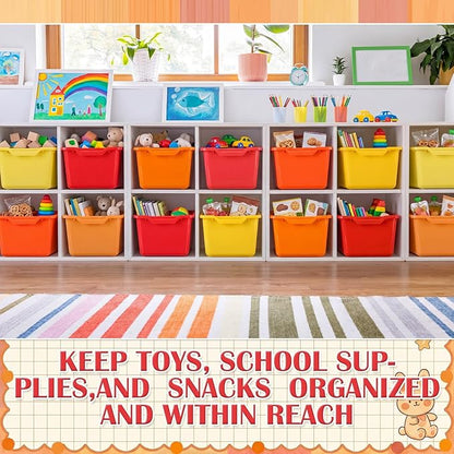 Dandat 16 Pcs Plastic Book Bins for Classroom Library Cubby Bins Scoop Front Stackable Toy Storage Tubs Containers for School Office Home Nursery Playroom Organization (Warm Series)