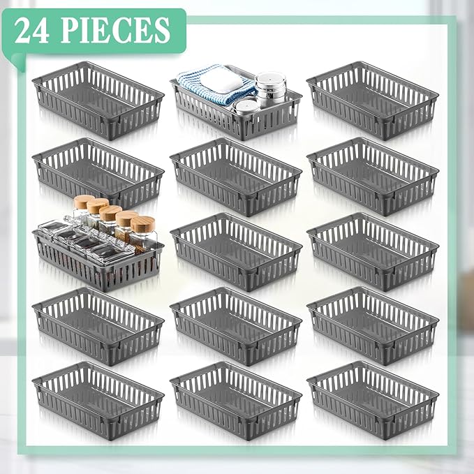 Wenqik 24 Pcs Plastic Storage Baskets for Classroom Organizing Small Pantry Storage Bins Rectangular Tray for Back to School Household Toys Classroom Bedrooms, Kitchens Countertops(Gray)