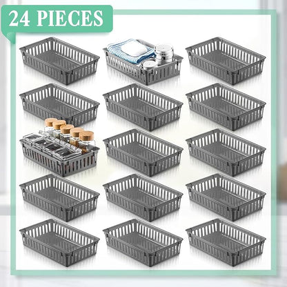 Wenqik 24 Pcs Plastic Storage Baskets for Classroom Organizing Small Pantry Storage Bins Rectangular Tray for Back to School Household Toys Classroom Bedrooms, Kitchens Countertops(Gray)
