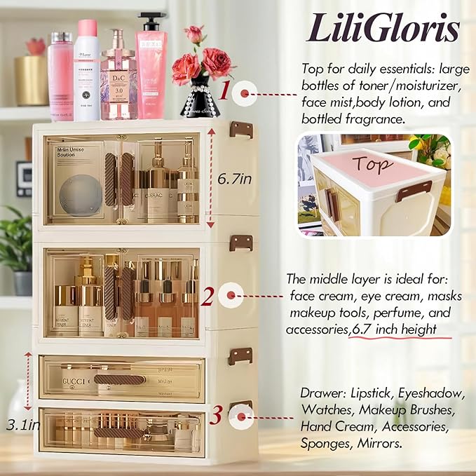 Makeup Organizer with Drawers & Compartments, Modular Stackable Cosmetic Skincare & Jewelry Storage Box, Vanity Organizer with Magnetic Closure for Bathroom, Office, Dorm