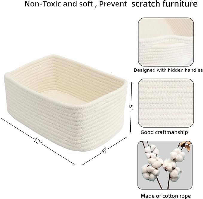 XUANGUO Small Woven Storage Baskets 12“X8”X5“ Decorative Rope Bins for Organizing Shelves, Closets, and Toys, Empty Gift Baskets, Cute Organizer Basket for Home and Office (white, regular)