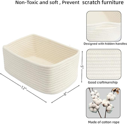 XUANGUO Small Woven Storage Baskets 12“X8”X5“ Decorative Rope Bins for Organizing Shelves, Closets, and Toys, Empty Gift Baskets, Cute Organizer Basket for Home and Office (white, regular)