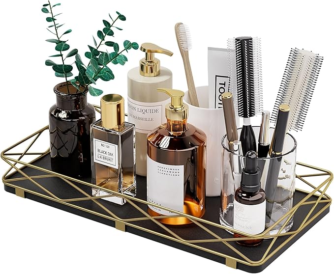 Lixple Toilet Paper Basket Holder, 13" Toilet Tank Tray, Wood and Metal Toilet Tray Vanity Organizer Bathroom Tray, Kitchen Sink Organizer for Soap Dispenser (Black + Gold)