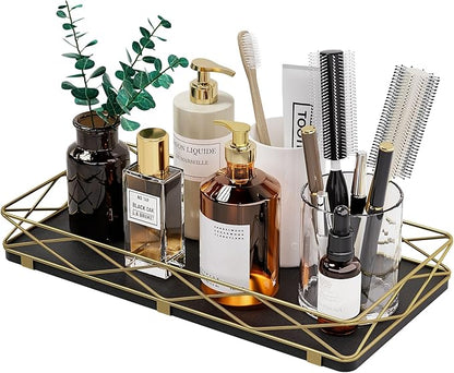 Lixple Toilet Paper Basket Holder, 13" Toilet Tank Tray, Wood and Metal Toilet Tray Vanity Organizer Bathroom Tray, Kitchen Sink Organizer for Soap Dispenser (Black + Gold)