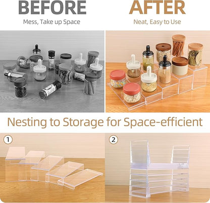 10 Pack Acrylic Spice Rack Organizer for Cabinet(10.8"~12.4"L), 5 Size Seasoning Organization with Non-Slide Silicone Pads, Clear Shelf Riser Storage Can & Cup for Kitchen Countertop, Cupboard, Pantry