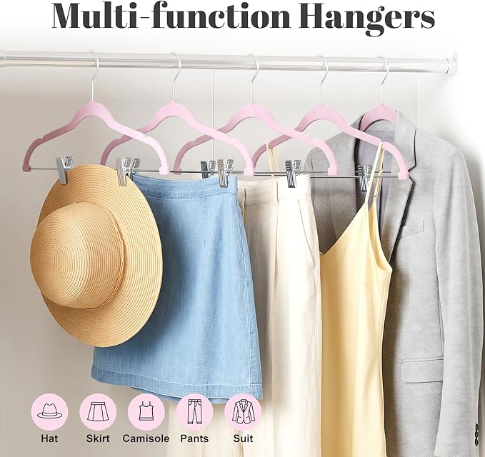 HOUSE DAY Velvet Skirt Hangers - Pink Velvet with Adjustable Clips, Space Saving, Slim, Heavy Duty and Non Slip for Pants, Skirts, Shorts - 24 Pack