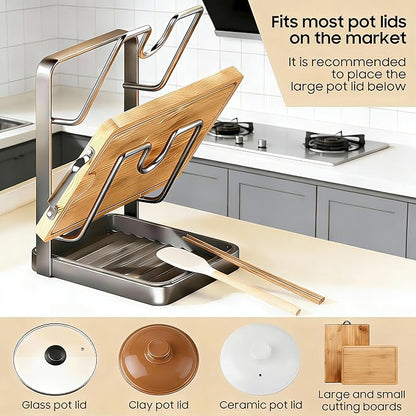 Kitchen Pot Lid Storage Rack, Steel Lid Holder with Removable Drip Tray, Double-Layer Countertop Organizer
