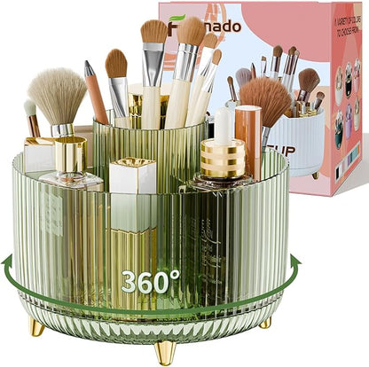 Clear Rotating Makeup Organizer Countertop for Vanity, 360° Makeup Brush Holder Organizer with 5 Compartments, Transparent Cosmetic Storage for Lipstick, Skincare, Bathroom Counter(Transparent Green)