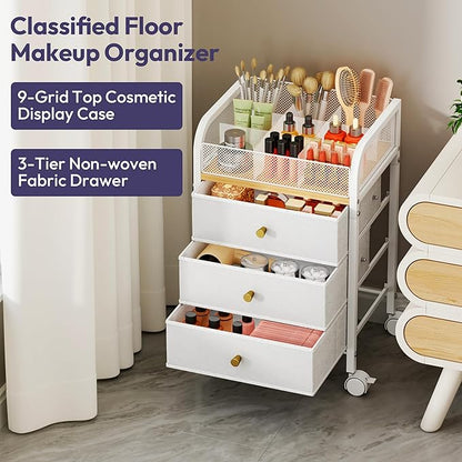 SWTYMIKI Rolling Makeup Organizer Cart - 14.96″*11.81″*23.03″ Widened Under Desk Vanity Storage with 3 Non-woven Drawers, Cosmetic Display Cases for Skin Care Perfume Nail Polish Brush Hair Tool White