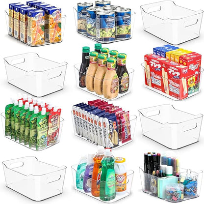 12 PACK Multiuse Clear Plastic Storage Bins for Organizing w/ Labels - Home, Kitchen, Bathroom, Office, Pantry Cabinet Shelf Organizer Bins - SOHO Collection, RV, Fridge Organization Containers