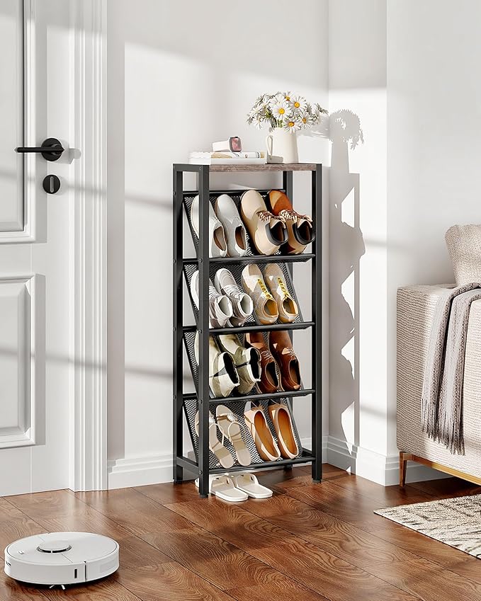 CHOEZON Shoe Rack, 5-Tier Slanted Shoe Rack, Narrow Shoe Storage Shelf, Slim Shoe Organizer for Entryway, Space-Saving, Wooden Top and Metal Frame, for Entryway, Hallway, Greige and Black TXJ03BG