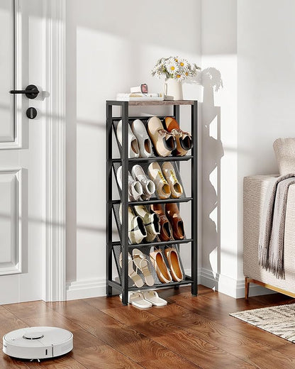 CHOEZON Shoe Rack, 5-Tier Slanted Shoe Rack, Narrow Shoe Storage Shelf, Slim Shoe Organizer for Entryway, Space-Saving, Wooden Top and Metal Frame, for Entryway, Hallway, Greige and Black TXJ03BG