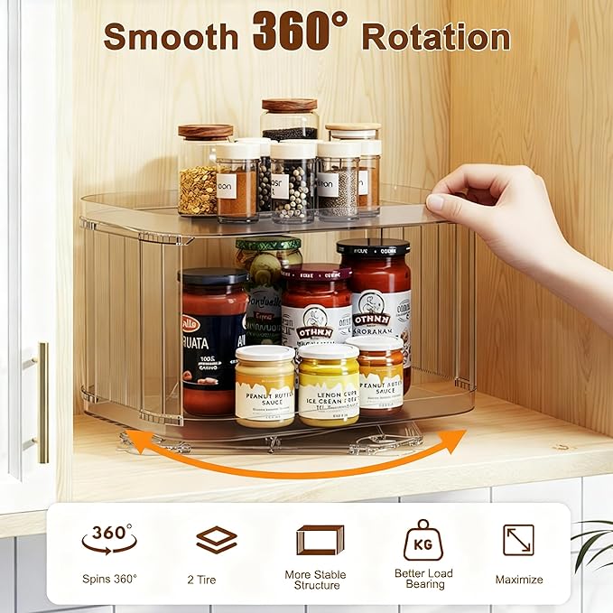 Lazy Susan Organizer for Cabinet, Pantry, Countertop (2 Tier 14" x 10" Clear - 1 Pack, Rectangular)
