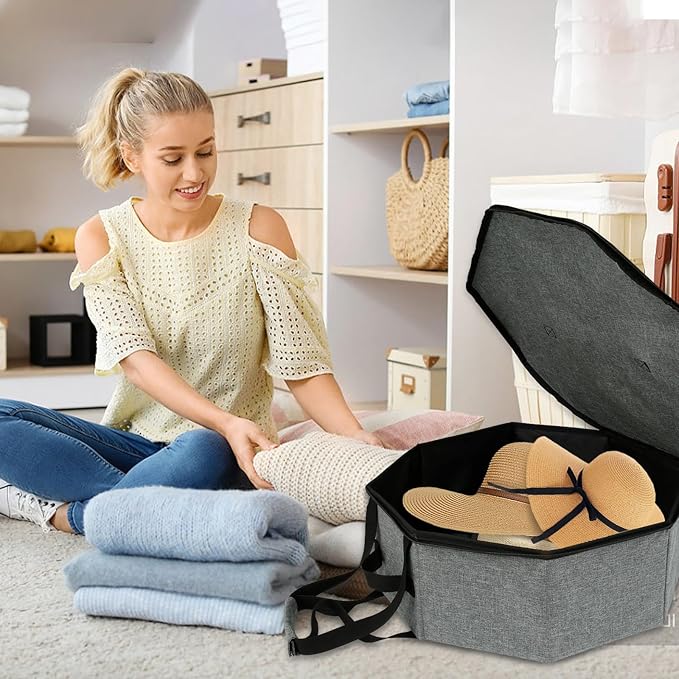 Hat Box for Travel, Crush Proof Hat Box Storage Bag Cowboy Cap Hat, Collapsible Hats Case Organizer Bag Container for Closet with Handles Hat Boxes for Women & Men Storage Carrier with Cardbord