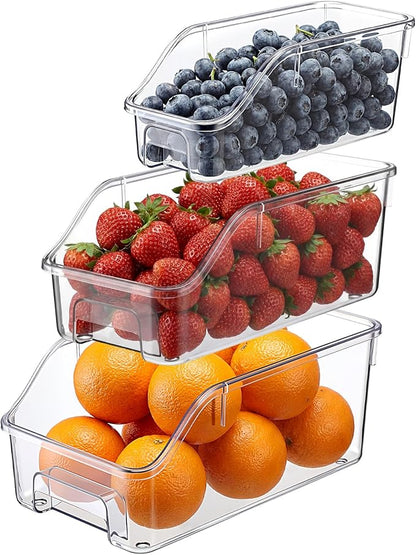LemonRoad 3 Packs Pantry Organizers and Storage Freezer Clear Organizer Bins with Handle Acrylic Organization Bins Stackable Open Front Storage Vegetable Egg Salad Containers for Kitchen Cabinet