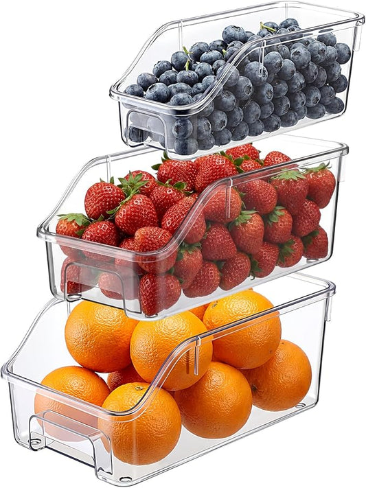 LemonRoad 3 Packs Pantry Organizers and Storage Freezer Clear Organizer Bins with Handle Acrylic Organization Bins Stackable Open Front Storage Vegetable Egg Salad Containers for Kitchen Cabinet