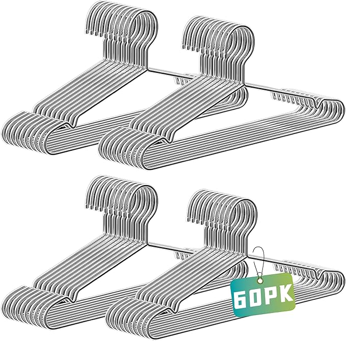 Wire Hangers 60 Pack, Heavy Duty, Space Saving, Stainless Steel, Silver, 16.5inches Closet Hangers for Hanging Coats, Suits, Jackets, Shirts,T-Shirt