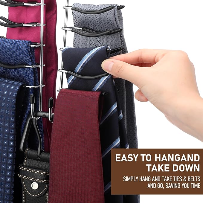 Kathfly 3 Pcs Swivel Tie and Belt Hanger for Closet with 26 Metal Hooks, Necktie Organizer for Men, Large Capacity Tie and Belt Chrome Hanger， 360 Degree Swivel Space Saving Organizer, Black