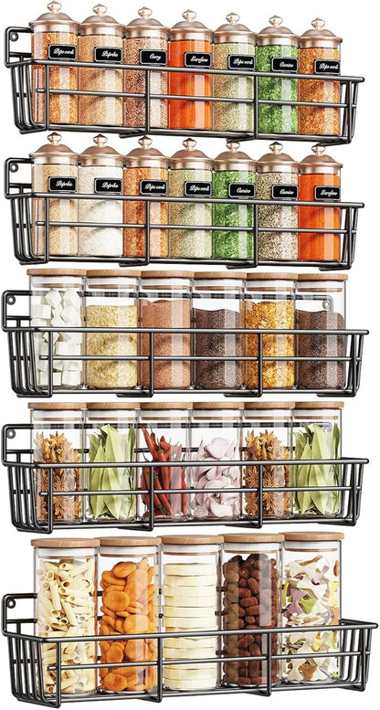 Mystozer 5 Pack Spice Rack Seasoning Organizer Wall Mount, Screw or Adhesive Hanging Shelf Basket Spice Organizer Shelf for Kitchen, Black