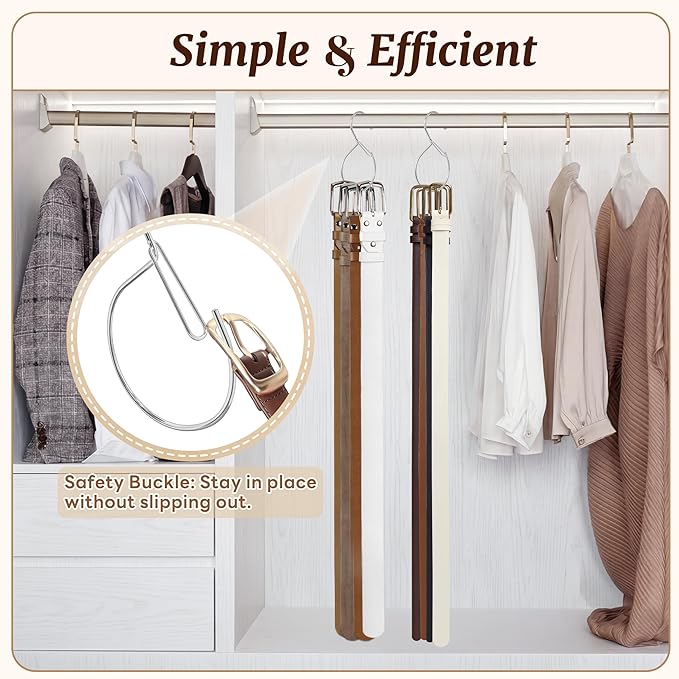 MEILIDY Belt Hanger, Compact Metal Belt Rack Hooks with Safety Buckle for Closet, Silver, 2 Pcs