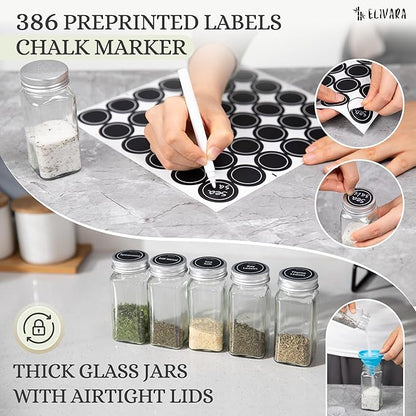 4-Tier Spice Rack Organizer Set – Wall Mounted or Countertop – Includes 28 Glass Spice Jars, 386 Spice Labels, Funnel, and Chalk Marker – Kitchen Spice Storage Solution