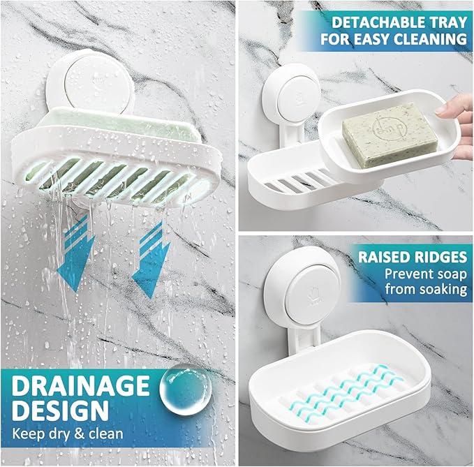 TAILI Soap Holder Soap Dish for Shower, Suction Cup Soap Holder for Shower Wall, Bathroom Accessories, Removable Strong Hold Soap Saver, Drill Free, White 2 Set