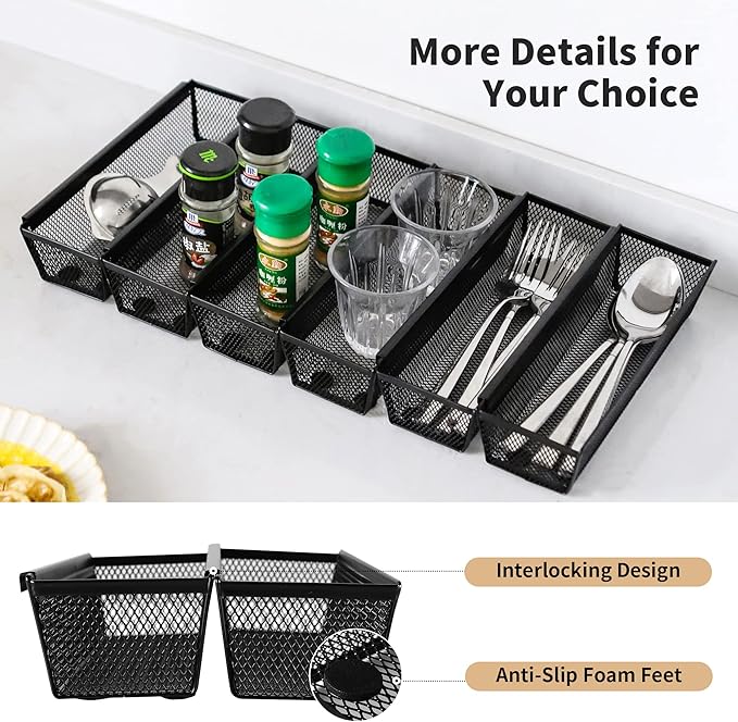 Drawer Organizer for Kitchen, Silverware Organizer Cutlery Tray Utensil holder with Interlocking Mesh Metal Flatware Storage Silver (6 pcs)