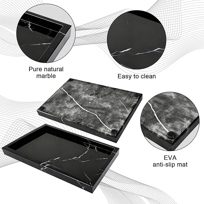 Pure Natural Marble Tray for Bathroom, Dresser, Sink. Cosmetics, toiletries, perfumes, Jewelry, Candles, etc. can be Placed (Black and White Root, 12" x 8" x 1.2")