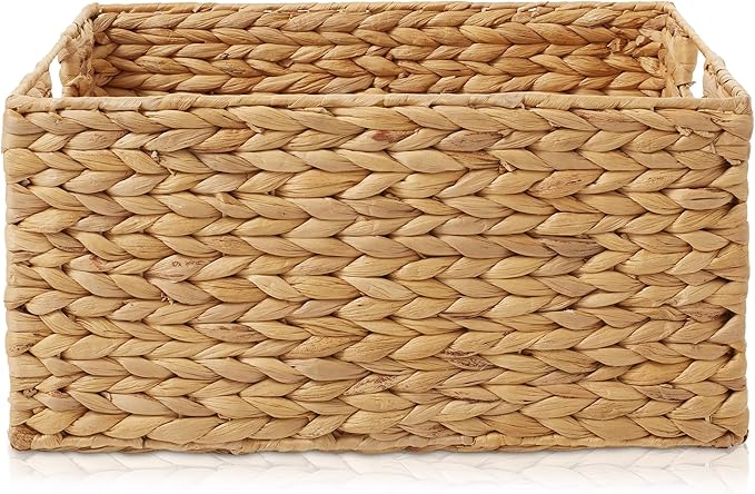 Casafield Set of 4 Water Hyacinth Pantry Baskets, 10" x 13" x 5", with Chalkboard Labels and Chalk Marker - Natural, Woven Storage Bin Organizers for Kitchen Shelves