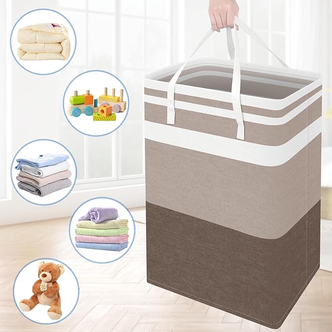 BlissTotes 3-Pack Laundry Basket, Freestanding＆Waterproof Laundry Hamper, Collapsible Tall Clothes Hamper with Easy Carry Handles for Clothes, Towels in the Family and Dorm,Gradient Khaki,88L