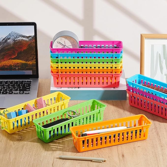 Domensi 12 Pack Slim Plastic Storage Baskets Tray for Organizing 10.25x3.25x2.5 Inch Small Narrow Storage Bins Stackable Drawer Pencil Trays Holder for Desk Garage Cabinet Container (Bright Color)