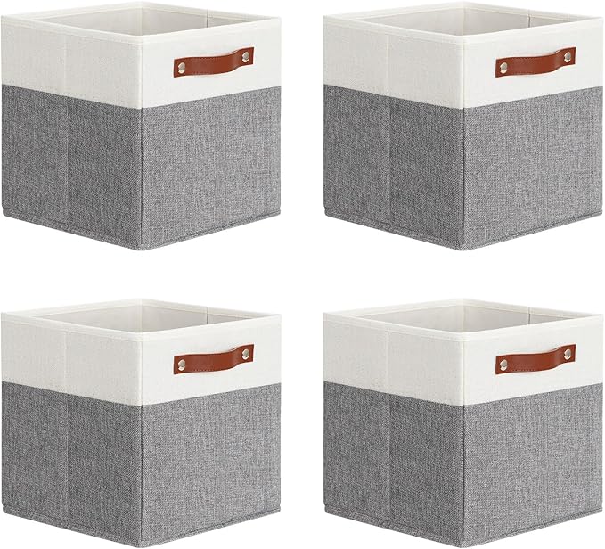 DULLEMELO 11x11 Storage Cubes, Collapsible Sturdy Cube Storage Bins With Handles for Organizing,Fabric Storage Cubes Baskets for Shelves Nursery Closet Home Organization and Storage (White&Grey)