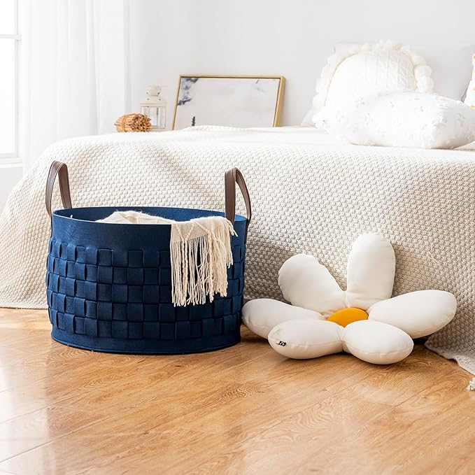 BOLDMONKEY Laundry Basket 20" x20 " x11.8 ",Extra Large Round Blanket Basket with Leather Handle, Felt Storage Basket for Living Room, Nursery, Dog Toys-Navy Blue